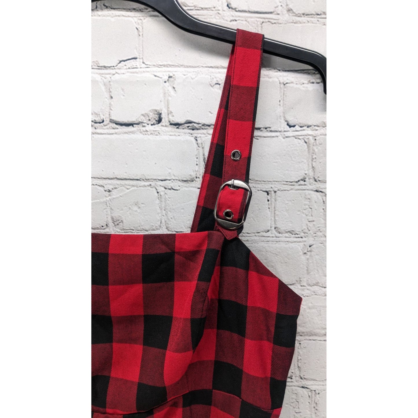 Hot Topic Women Red Buffalo Plaid Buckle Strap Dark Academia Mini Dress Size M