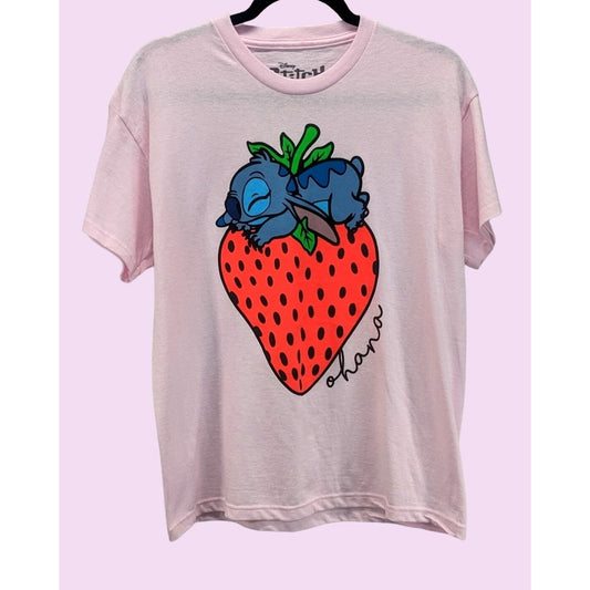 Disney Stitch Pink Strawberry Ohana Cosplay Boyfriend Fit Women T-Shirt Size S