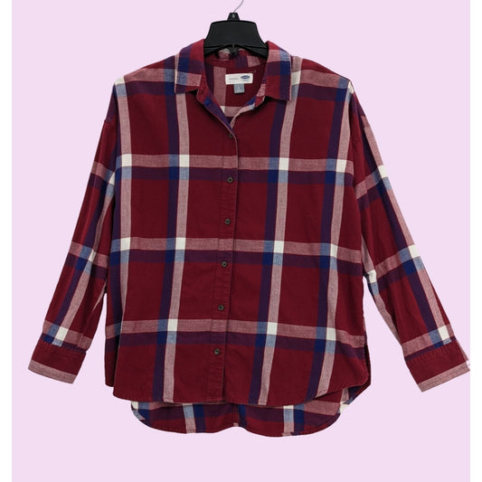 Old Navy Flannel Red Plaid Long Sleeve Button-Up boyfriend Women Shirt Size L