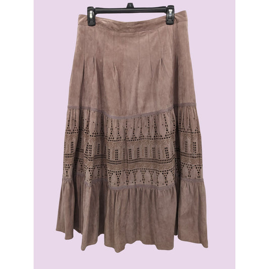 Anthropologie Women Mauve Aldane Suede Laser Cut Geometric Midi Skirt Size 10