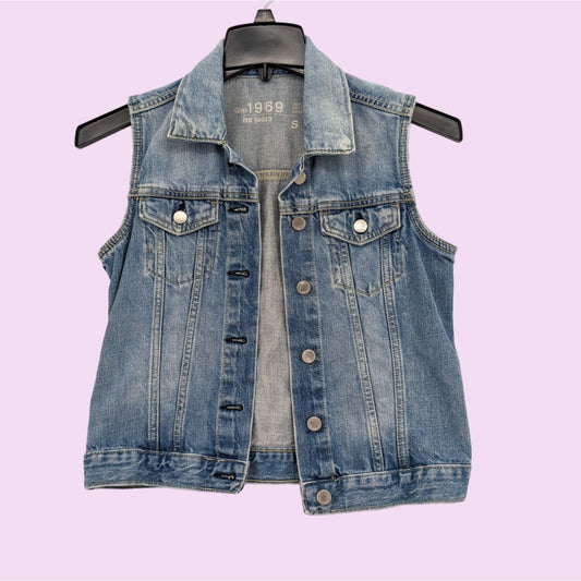 Gap 1969 Denim Sleeveless Distressed Button-Up Grunge Women Vest Jacket Size S