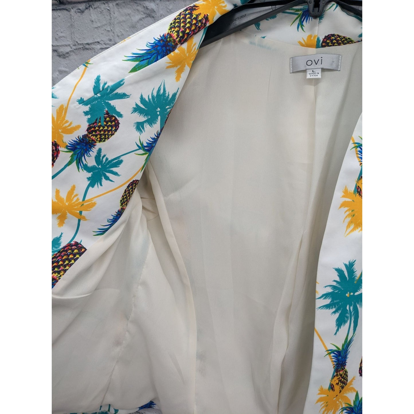 Ovi Women Pineapple & Palm Print White Open Front Blazer Size L