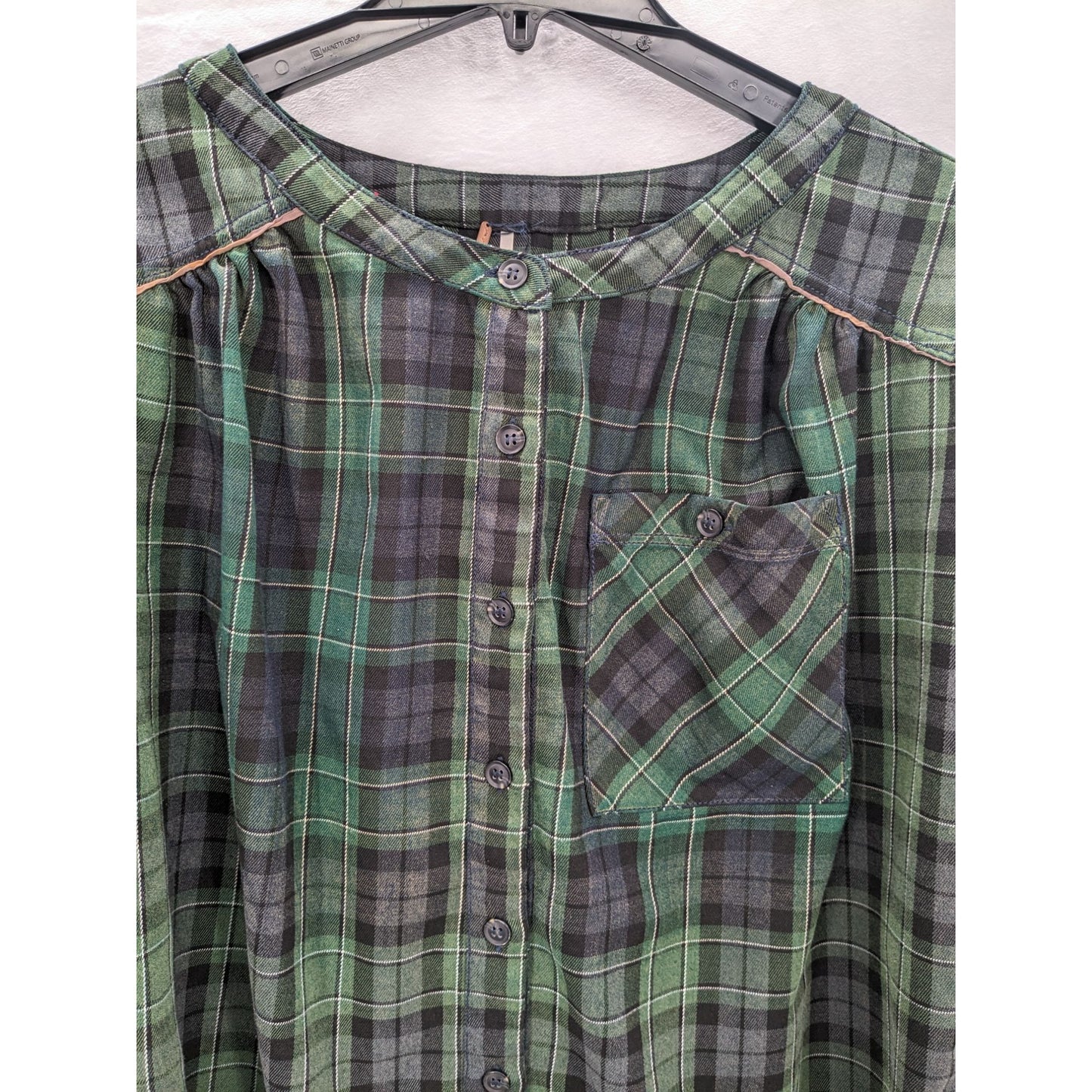 Free People Women Cozy Dream Green Plaid Flannel Button-Up Boho Shirt Size S