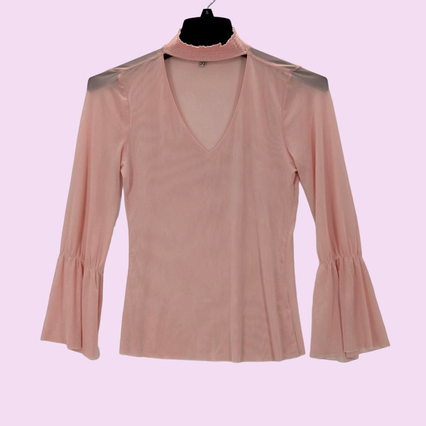 Crave Fame Y2K Mesh Cutout High-Neck Pink Blouse Bell Long Sleeves Women Size S