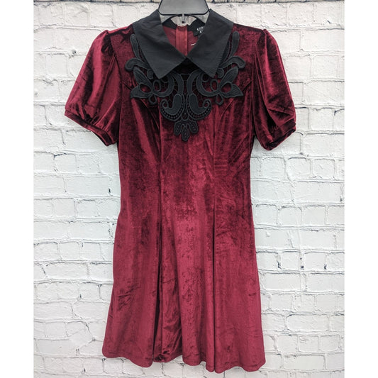 Cosmic Aura Women Burgundy Velvet Short Puff Sleeves Collar Dress Size S