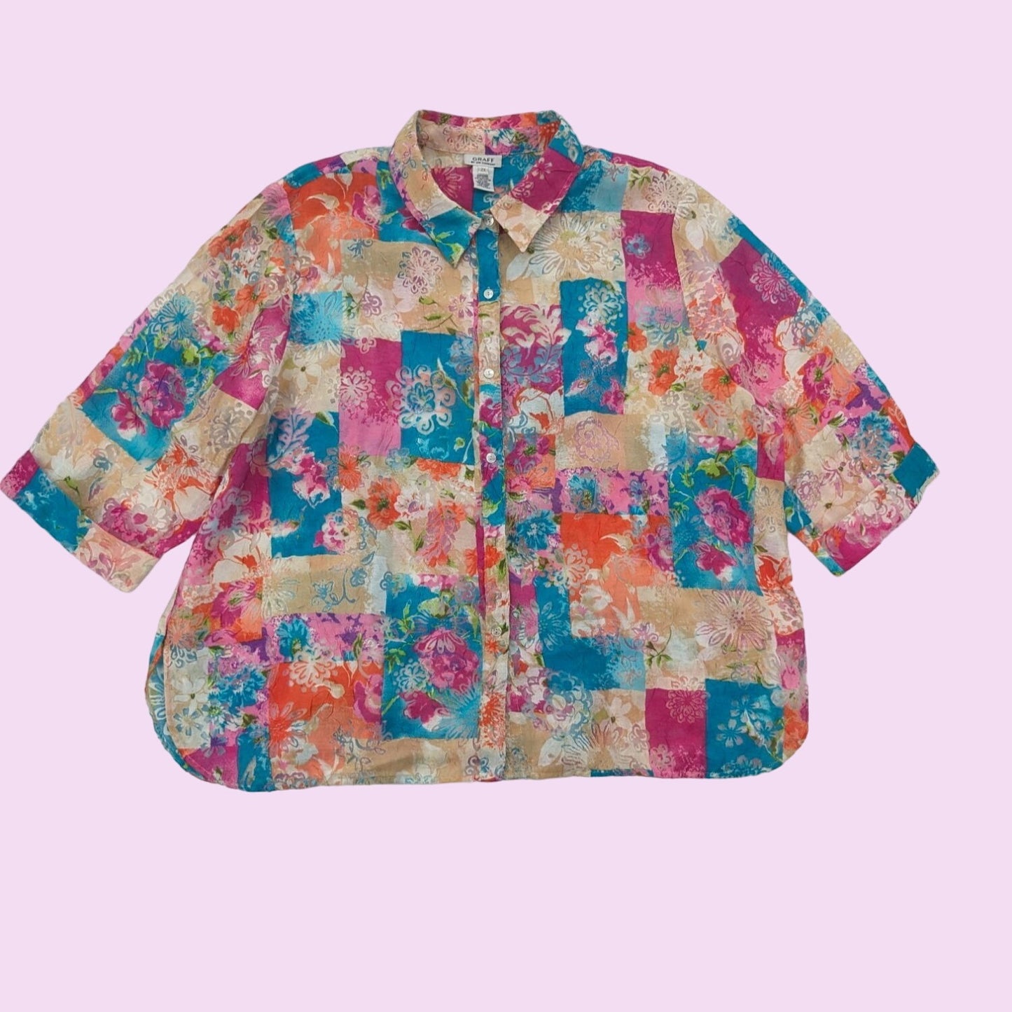 Vintage Graff Floral Patchwork Sheer Shirt 3/4 Sleeve Button-Up Women Size 2X