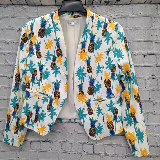 Ovi Women Pineapple & Palm Print White Open Front Blazer Size L