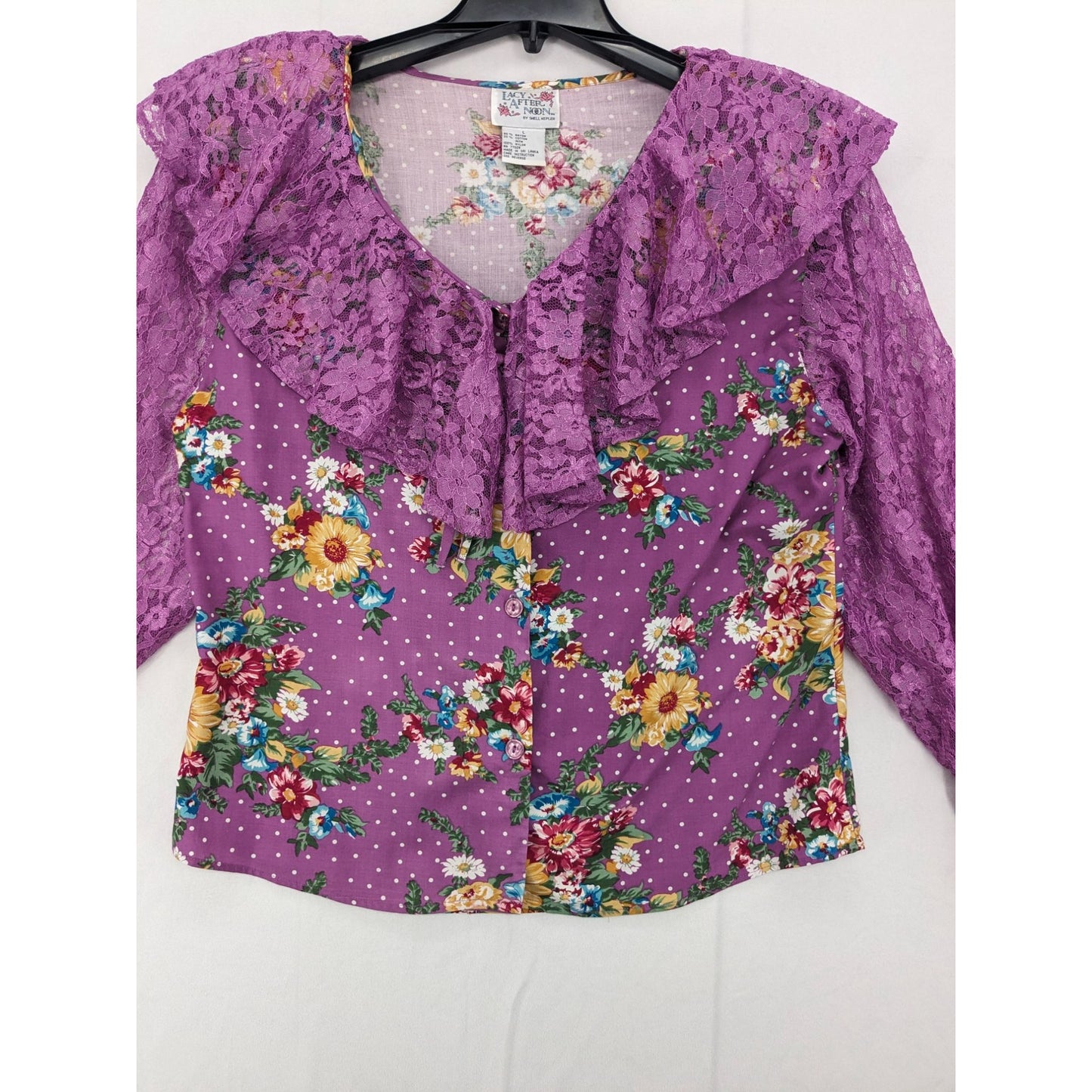 Vintage Floral Button-Up Blouse Lacy Afternoon Ruffle Lace V-Neck Women Size L