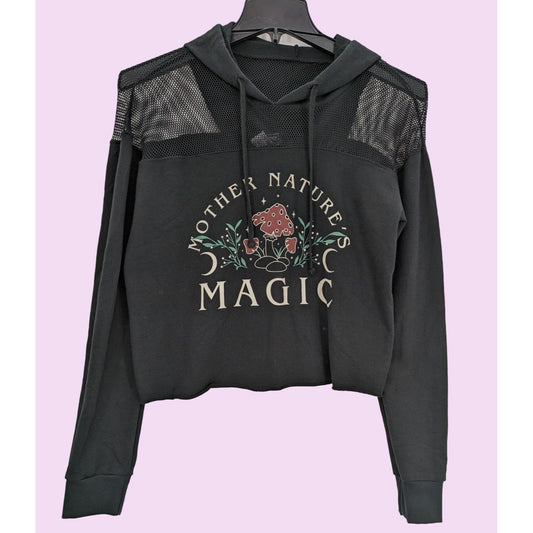 Midnight Hour Mother Nature Magic Mesh Women Black Crop Pullover Hoodie Size S