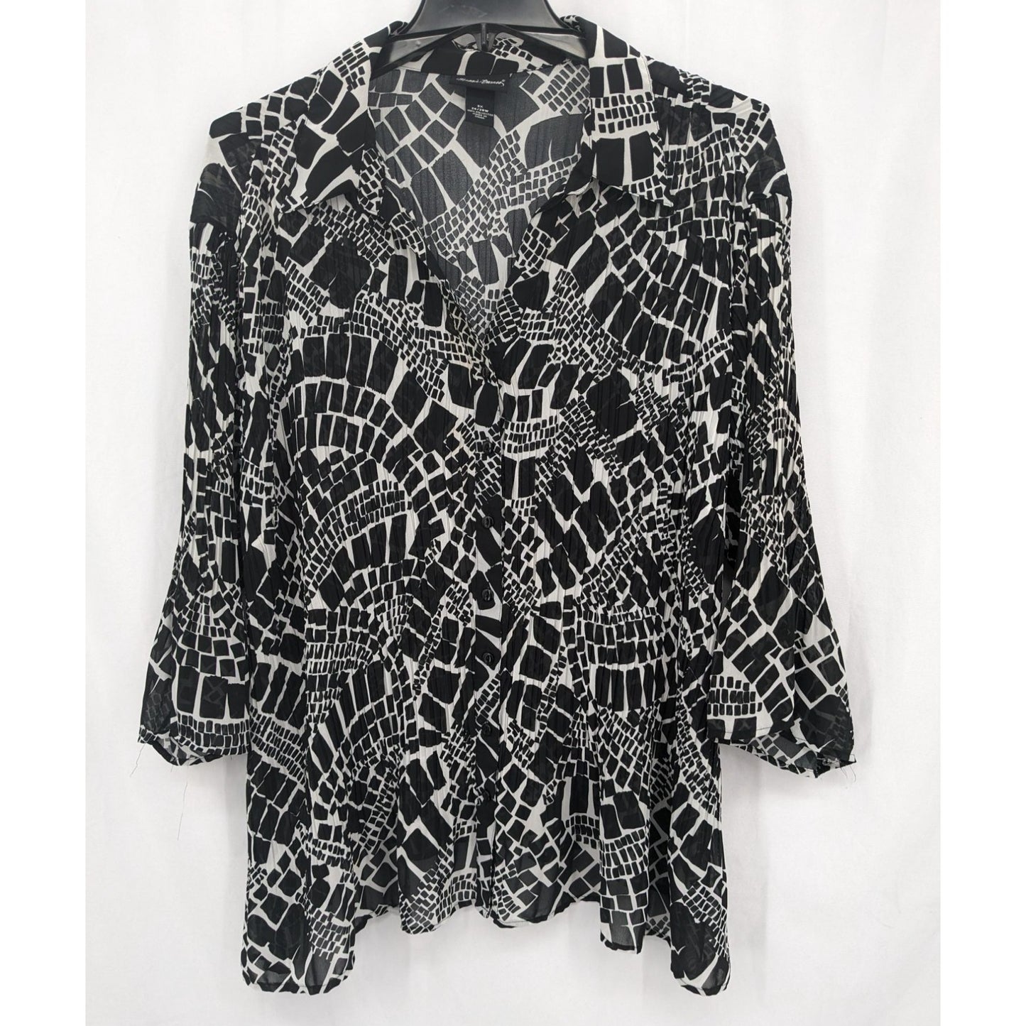 Maggie Barnes Women Black Abstract Button-Up Sheer 3/4 Sleeve Shirt Size 3X