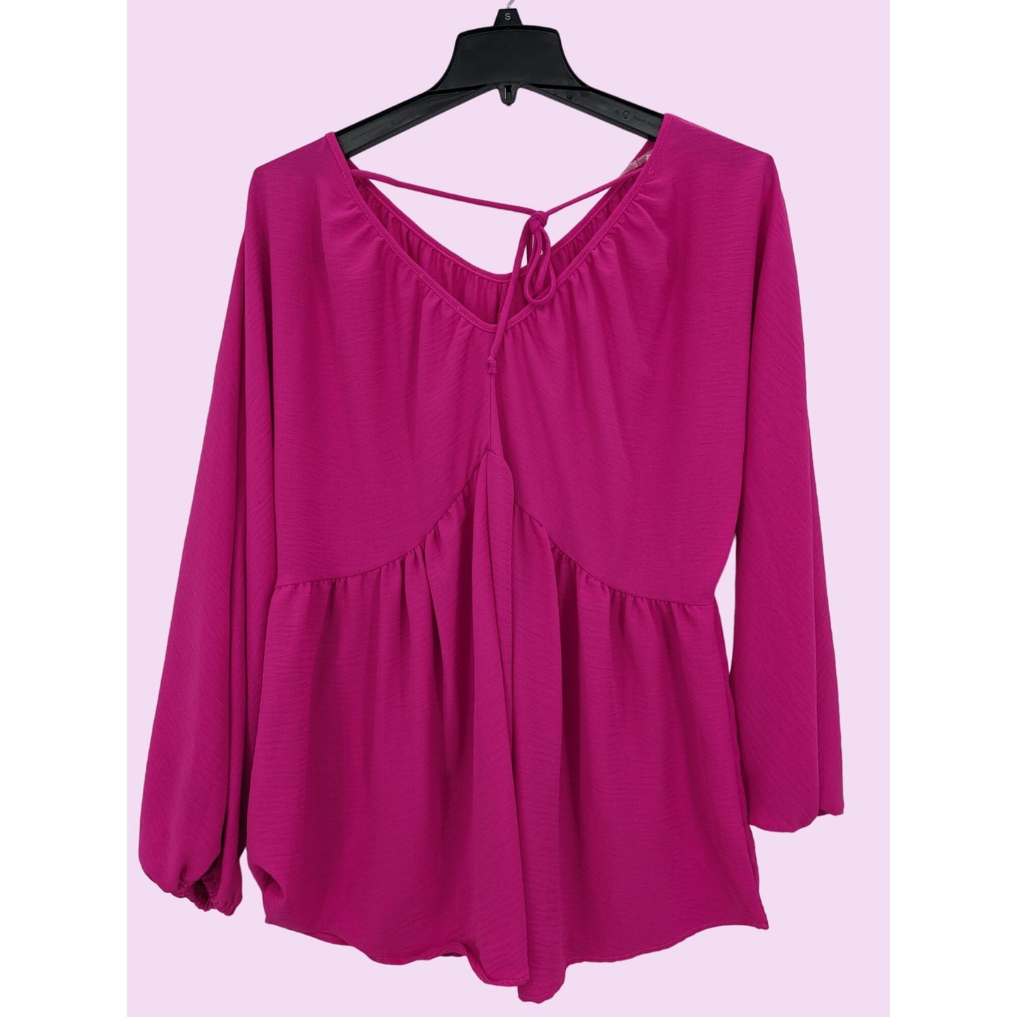 ChicSoul Pink Peplum V-Neck Long Balloon Sleeve Back Tie Women Blouse Size 1XL