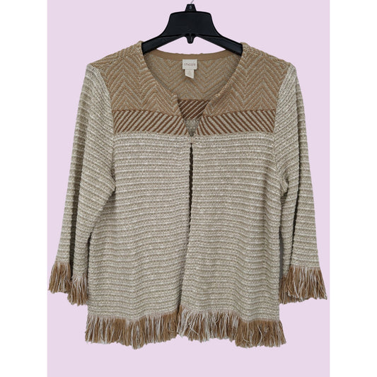 Chico's Women Beige Fringe Poppy Preppy Glam Boho Metallic knit Cardigan Size XL