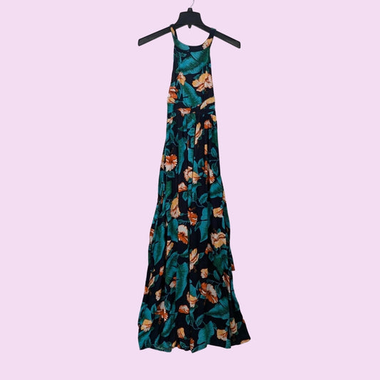 Aakaa Women Floral Tropical Women Halter Maxi Dress Cross Cut Back Size XS Boho