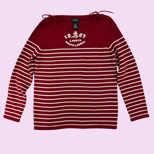 Lauren Ralph Lauren Women Red Striped Nautical Knit Sweater 1967 Size M Coastal