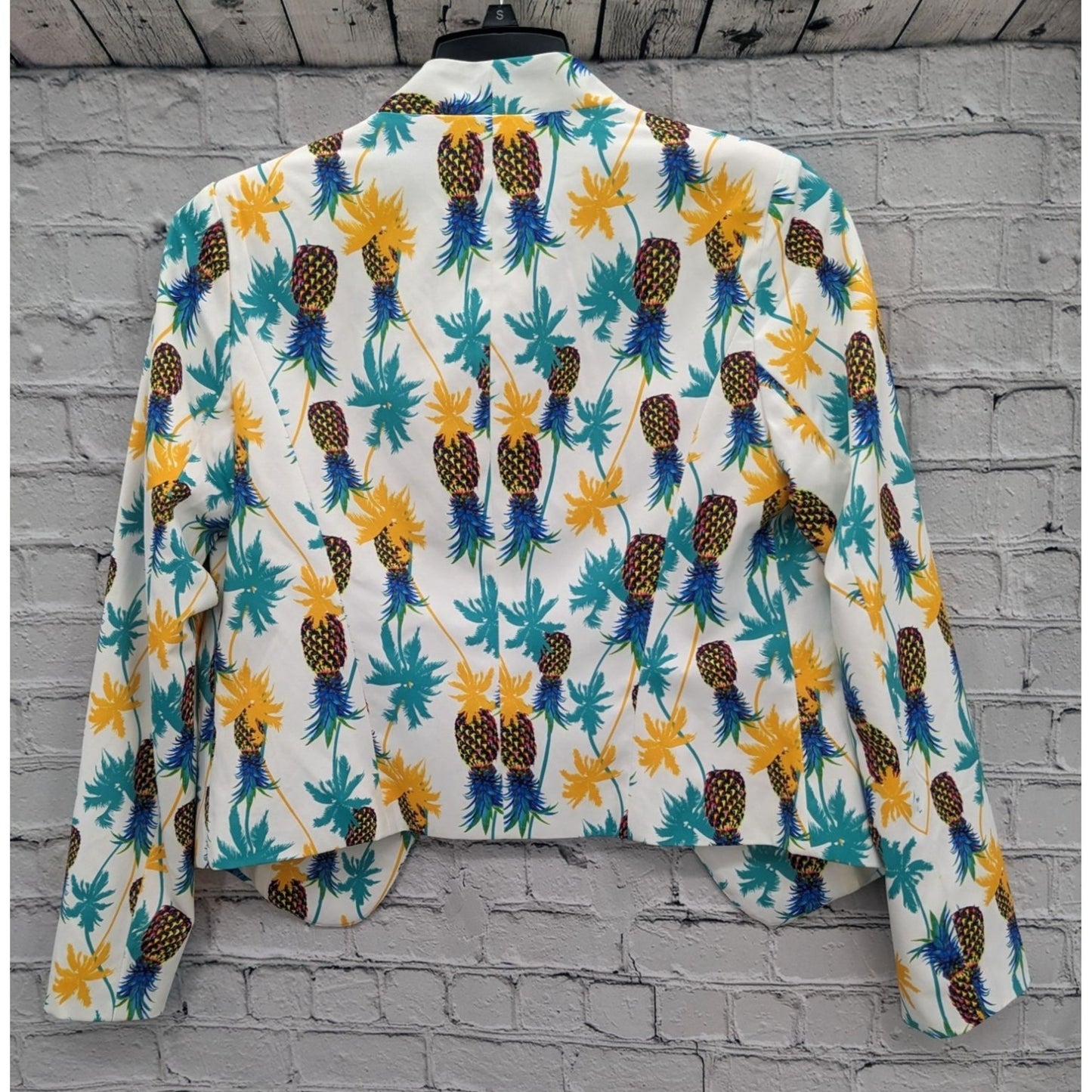 Ovi Women Pineapple & Palm Print White Open Front Blazer Size L