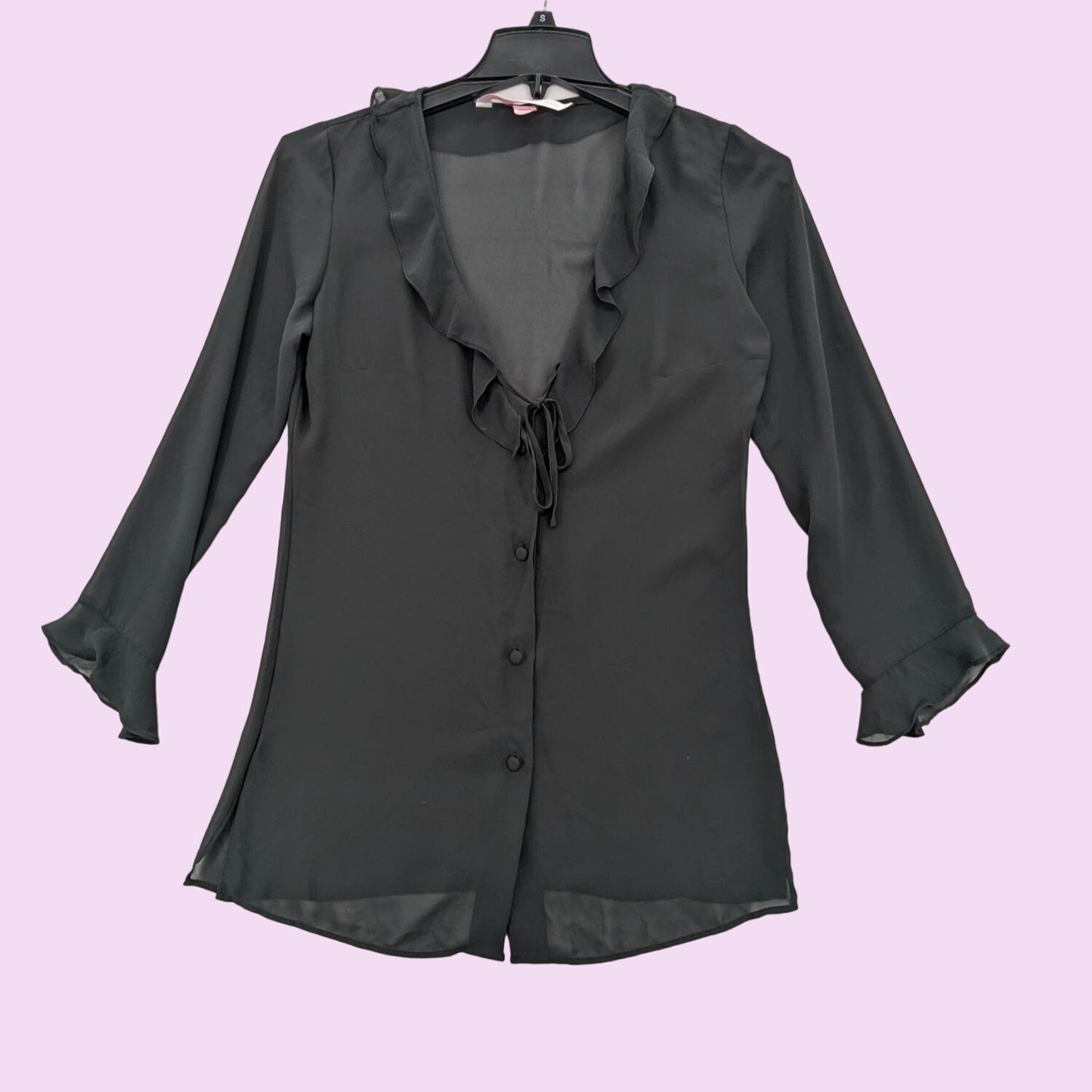 Victoria Secret Black Ruffle Sheer Top V-Neck Y2K Long Sleeve Button-Up Size S