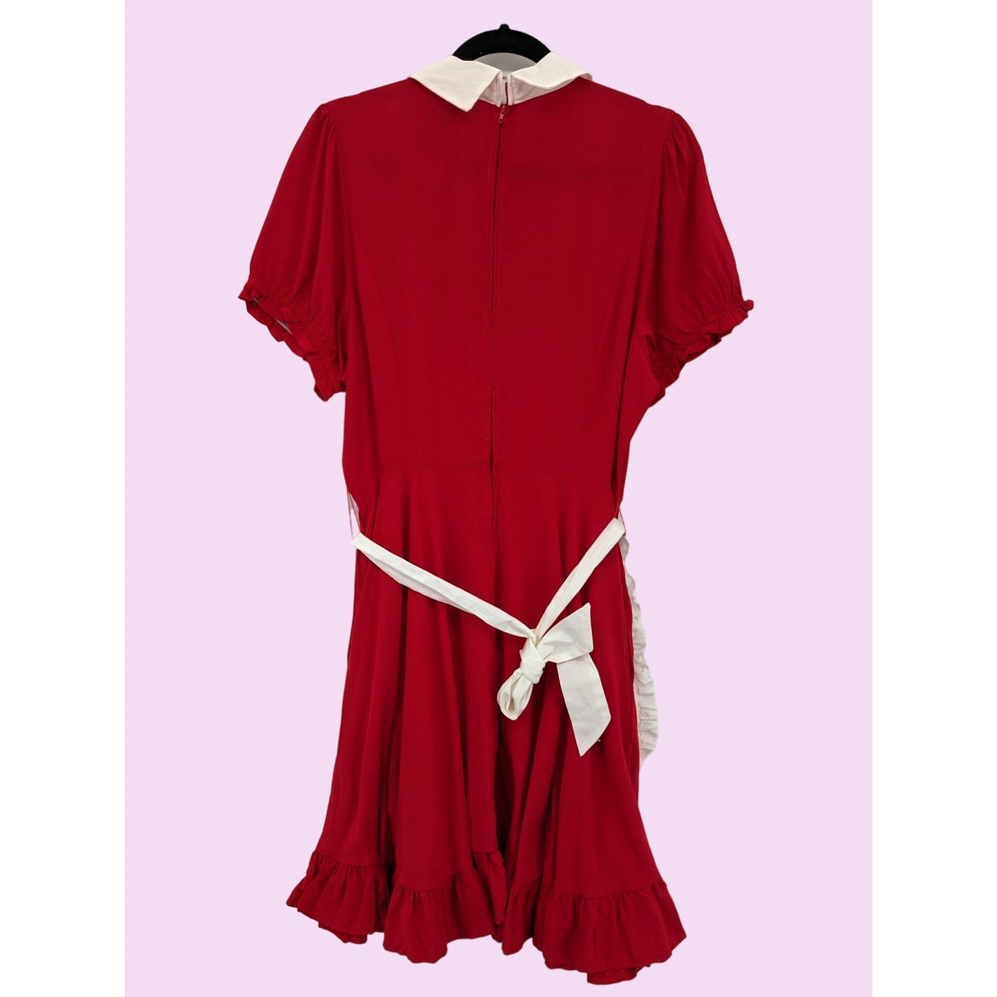 Sweet Society Red Apron Peter Pan Collar Puff Sleeve Ruffle Trim Dress Size L