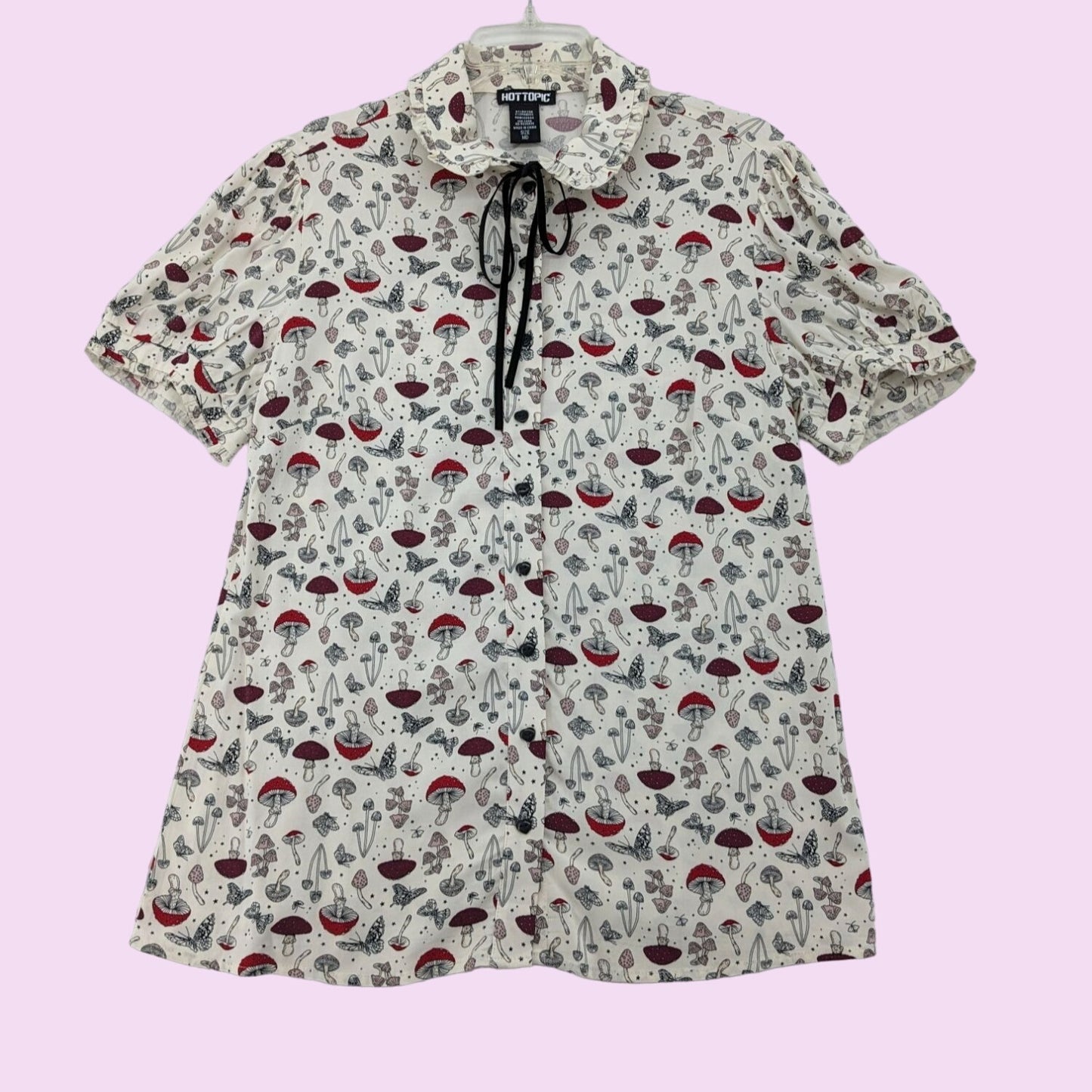 Preppy Hot Topic Mushroom Puff Sleeve Woven Button-Up Cottage Top Women Size M