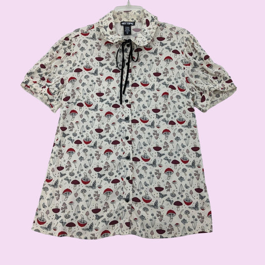 Preppy Hot Topic Mushroom Puff Sleeve Woven Button-Up Cottage Top Women Size M