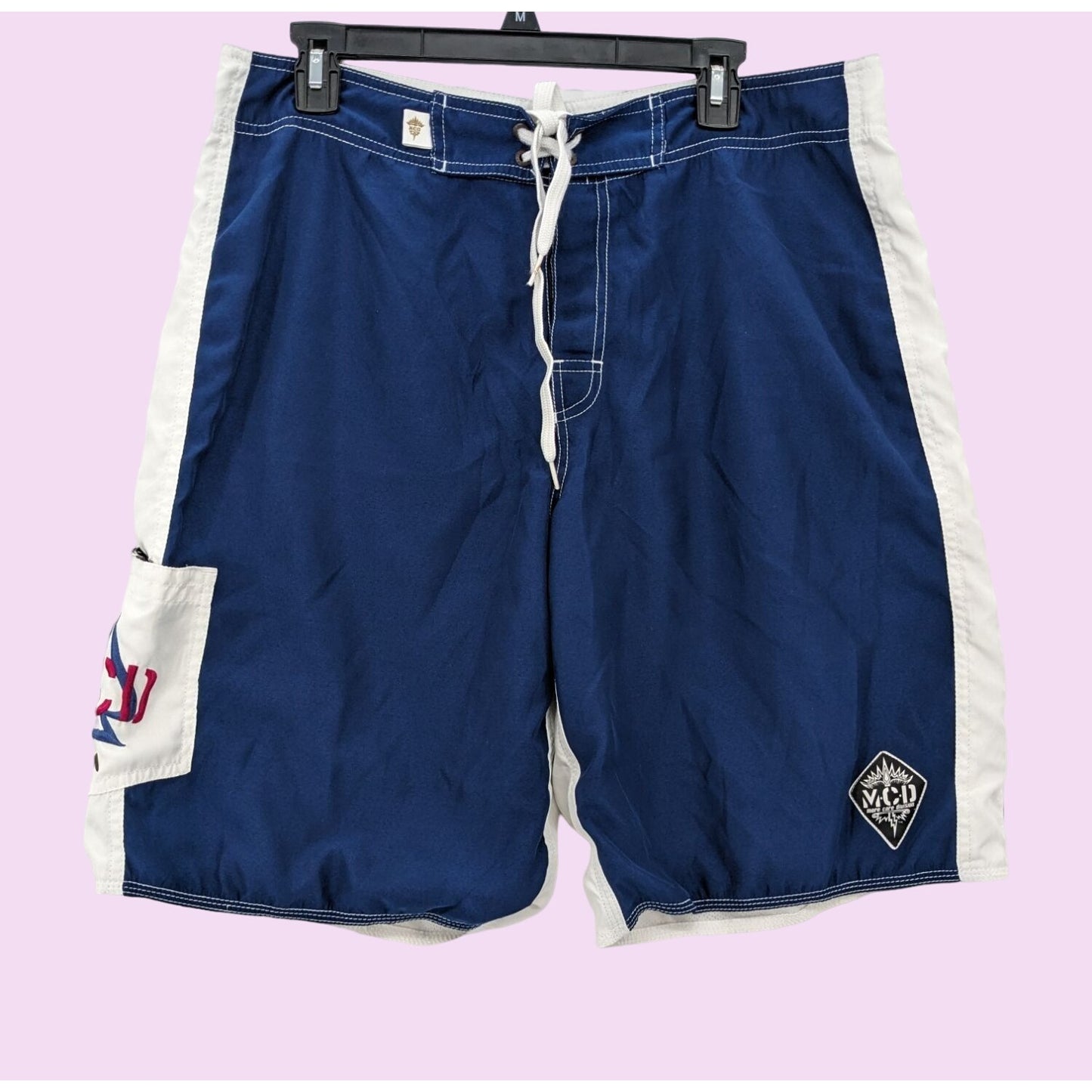 MCD Men Blue & White Drawstring Tie Cargo Pocket Swim Trunk Shorts Size 36