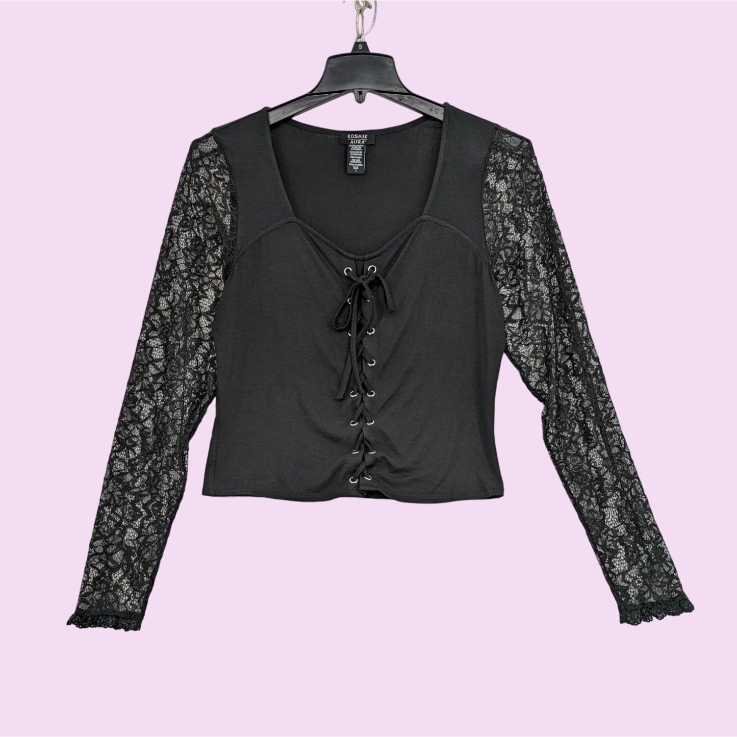 Cosmic Aura Floral Lace Long Sleeve Sweetheart Black Women Witchy Top Size 1X