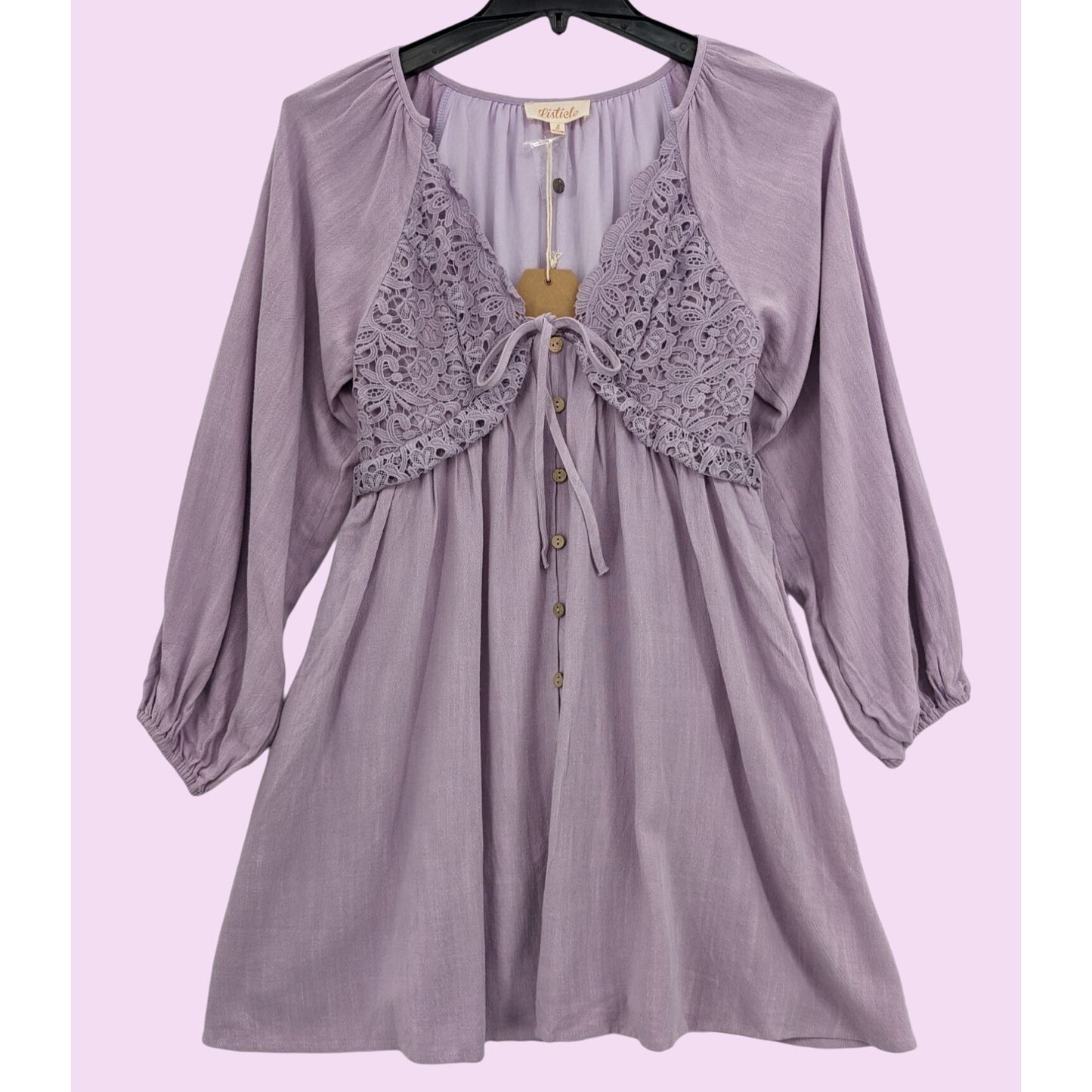 Lavender Babydoll Crochet Puff Sleeve Button-Up Listicle Boho Women Dress Size S