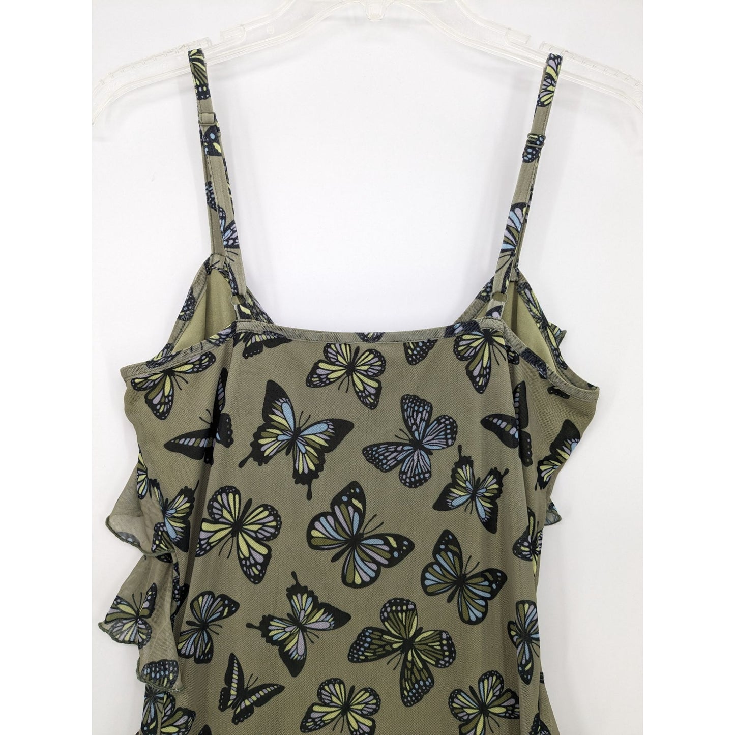 Thorn & Fable Flutter V-Neck Butterfly Ruffle Mesh Olive Cami Mini Dress Size M