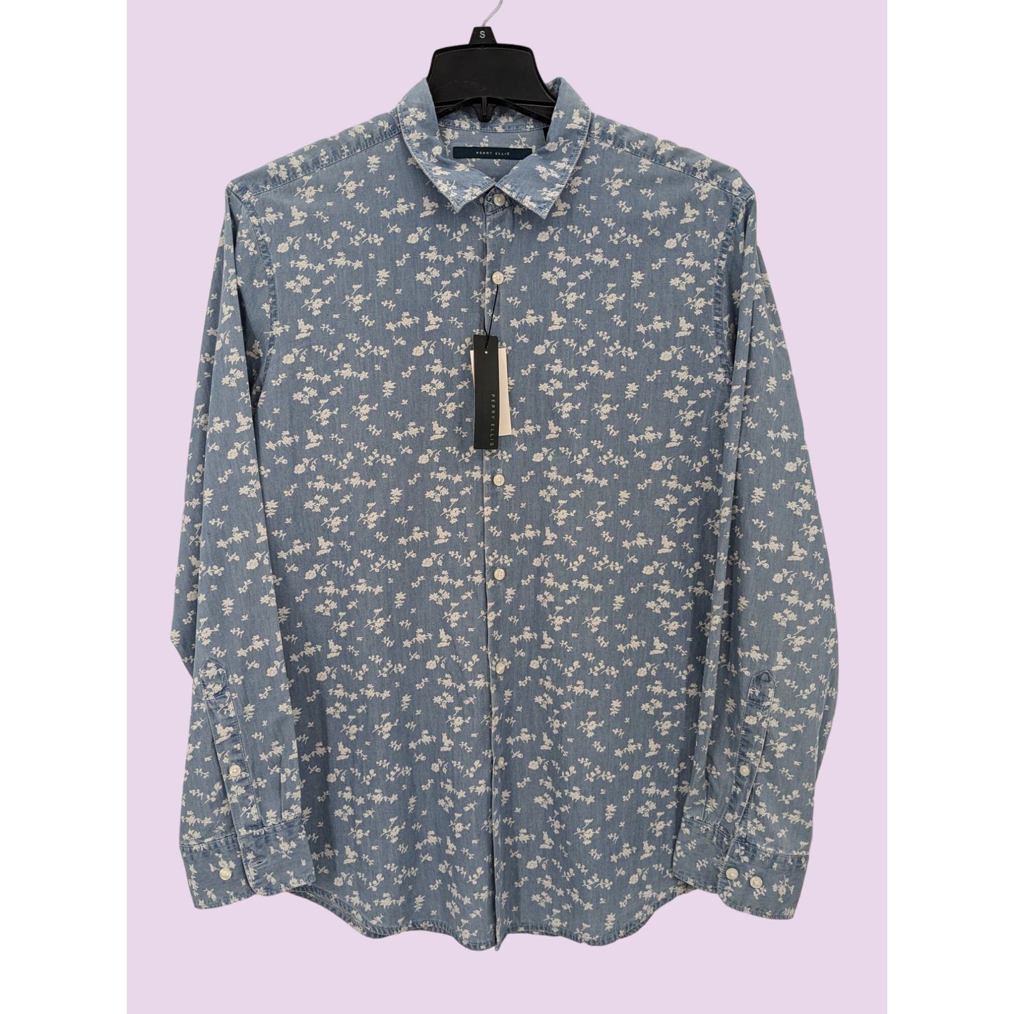 Perry Ellis Men Blue Floral Long Sleeve Button-Up Boho Western Shirt Size XL NWT