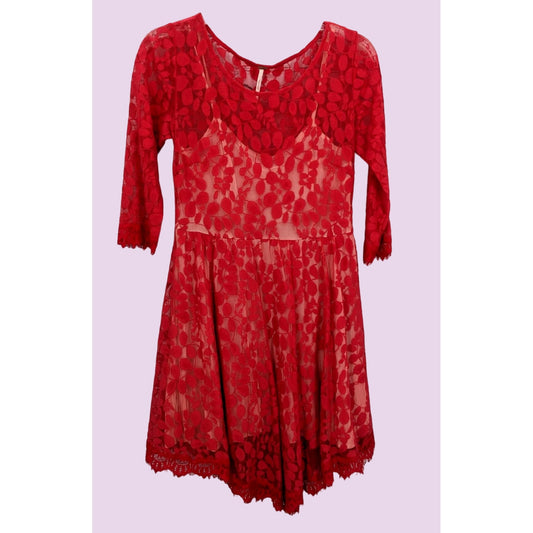 Free People Women Red Floral Mesh Lace Cottagecore Preppy Mini Dress Size 2