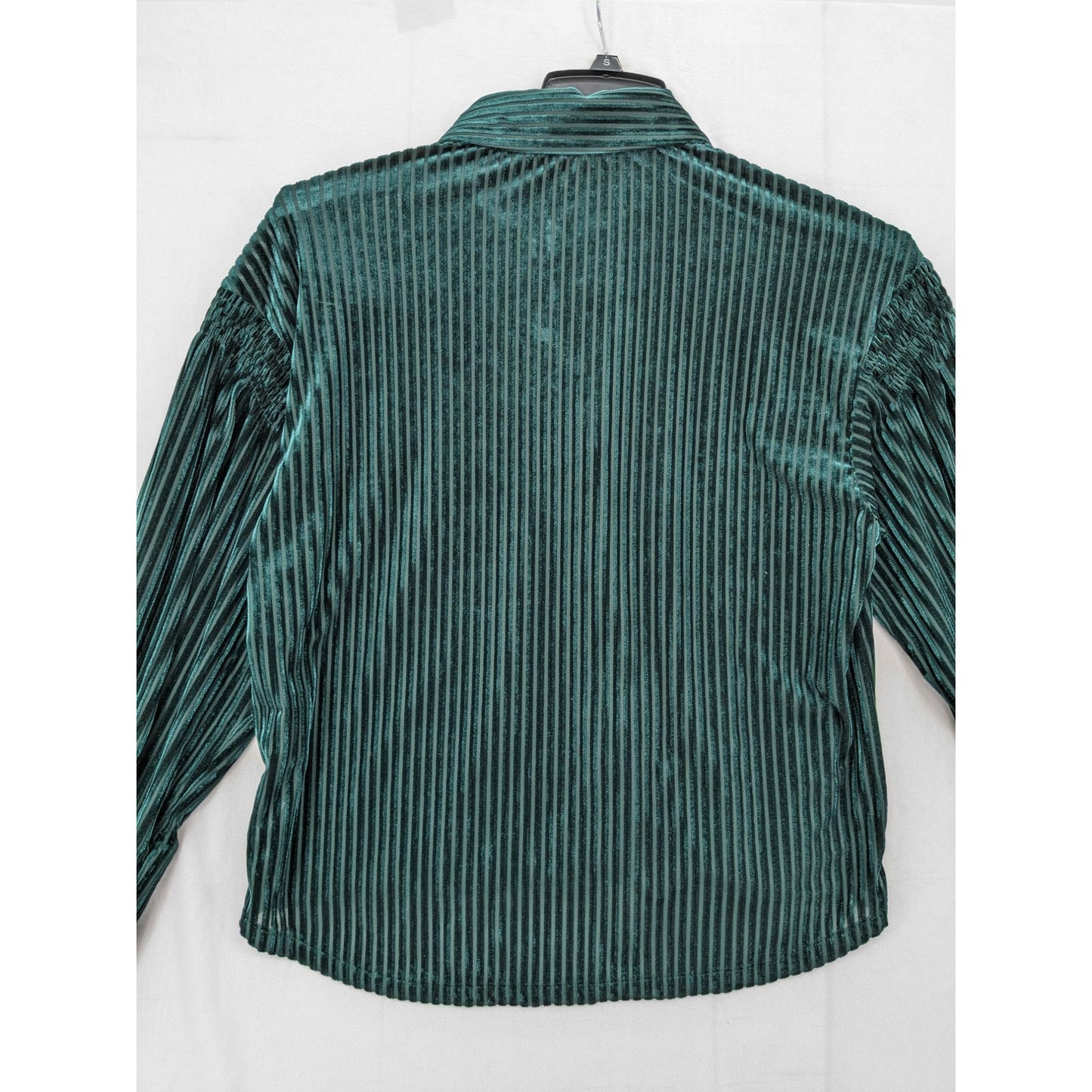 Ces Femme Green Velvet Striped Button-Up Ruched Long Sleeve Women Blouse Size S