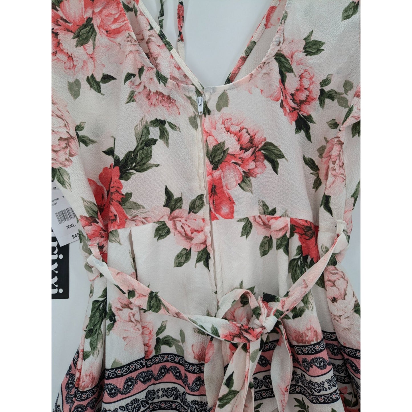 Trixxi Floral V-Neck Romper Bell Sleeve Belted Boho White & Pink Women Size XXL