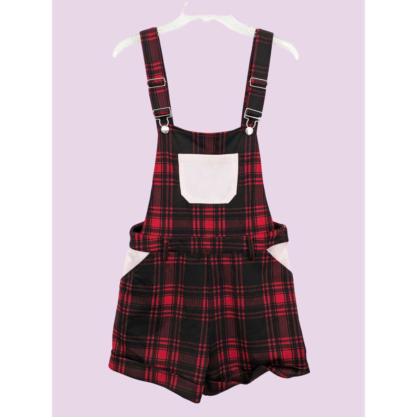 Hot Topic Black & Red Plaid Punk Grunge Stretch Short Overalls Women Size M