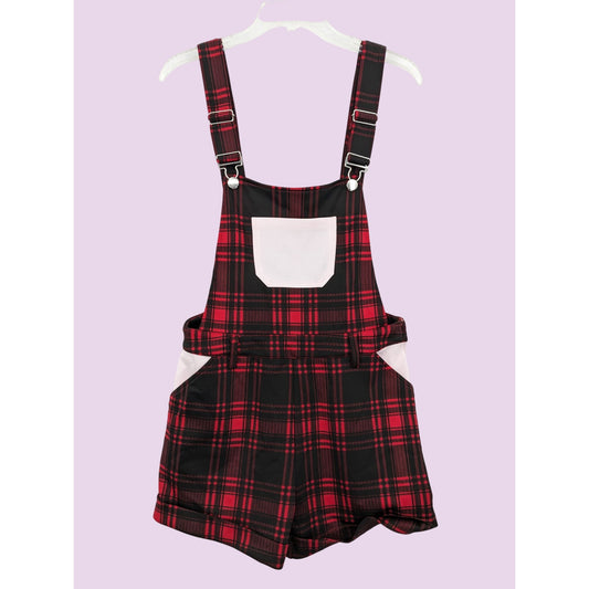 Hot Topic Black & Red Plaid Punk Grunge Stretch Short Overalls Women Size M