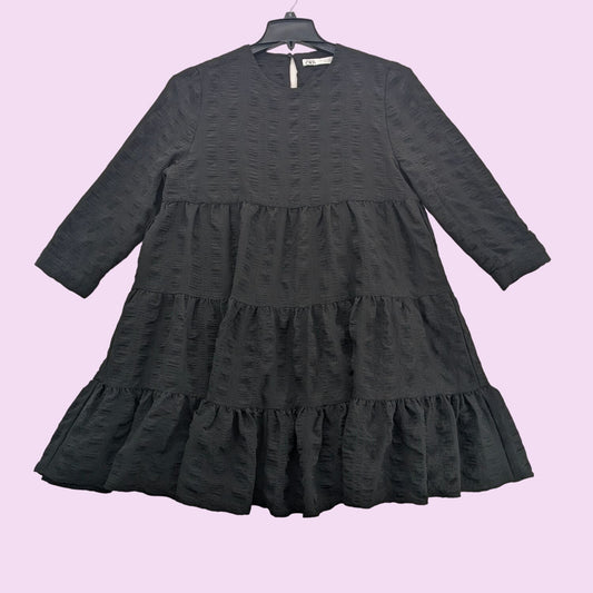 Zara Black Textured Tiered Dress Long Sleeve Stretch Babydoll Mini Women Size L