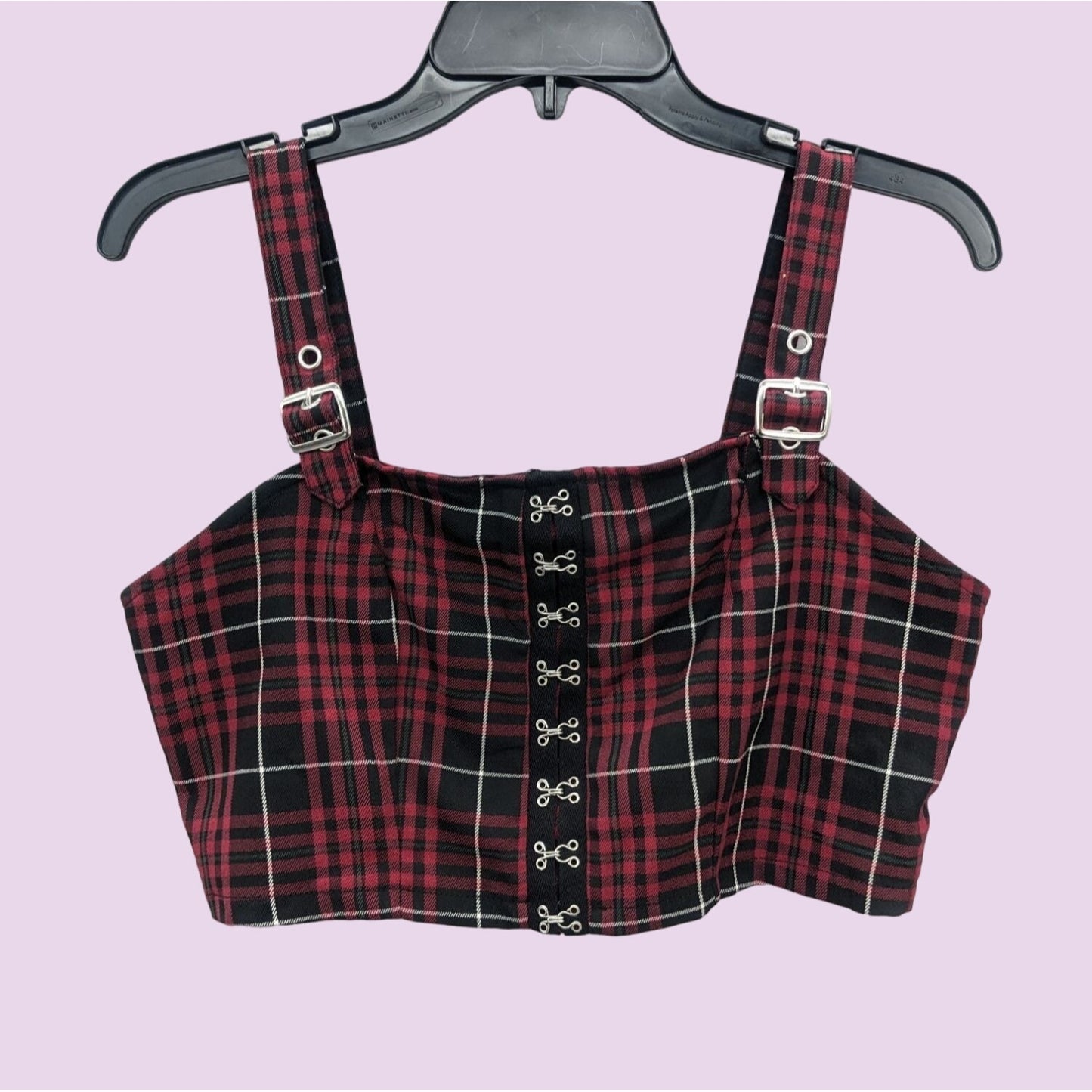 Hot Topic Women Burgundy Plaid Buckle Strap Dark Academia Y2K Crop Top Size S