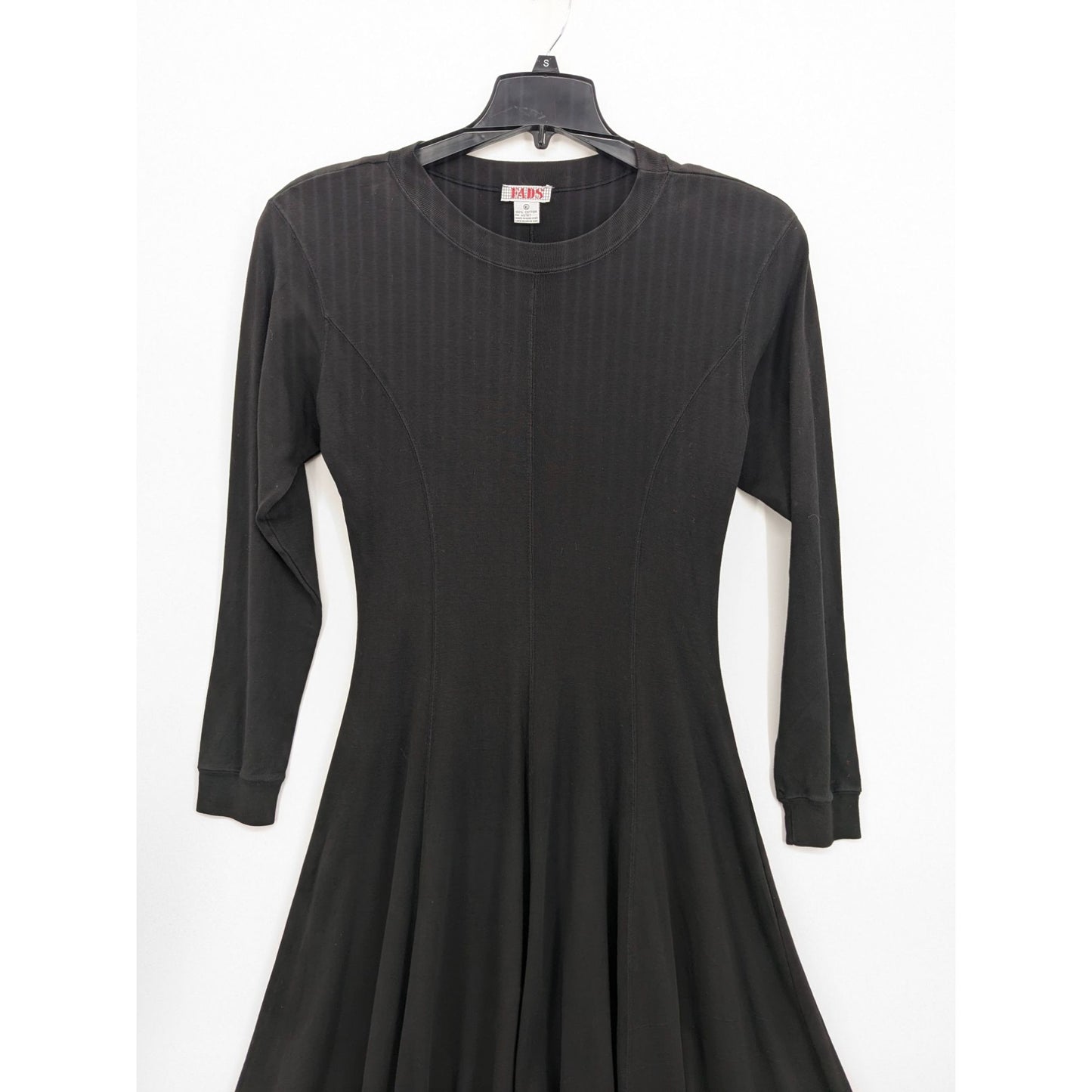 Ribbed Knit Vintage FADS Black Long Sleeve Minimalist Retro Women Swing Dress XL