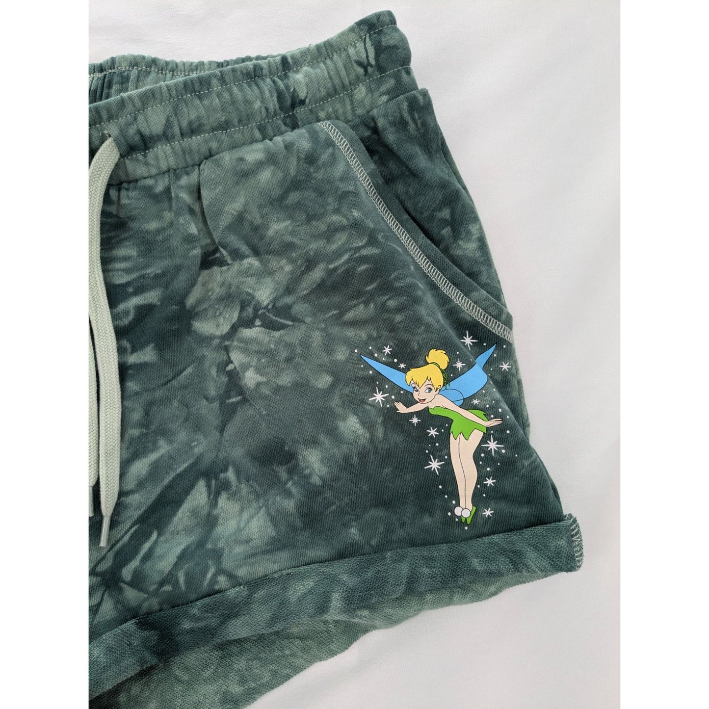 Disney Tinker Bell Tie-Dye Soft Shorts Green Fairy Loungewear Cozy Women Size L