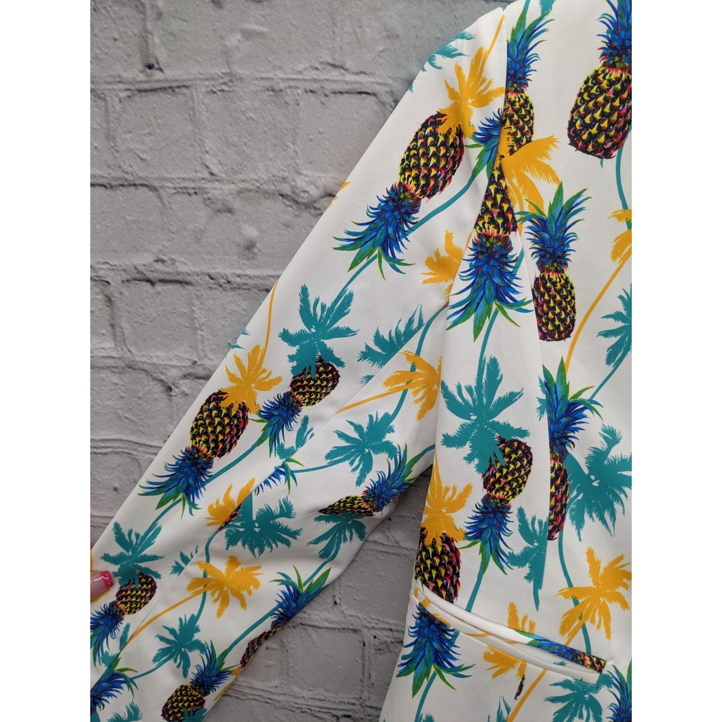 Ovi Women Pineapple & Palm Print White Open Front Blazer Size L