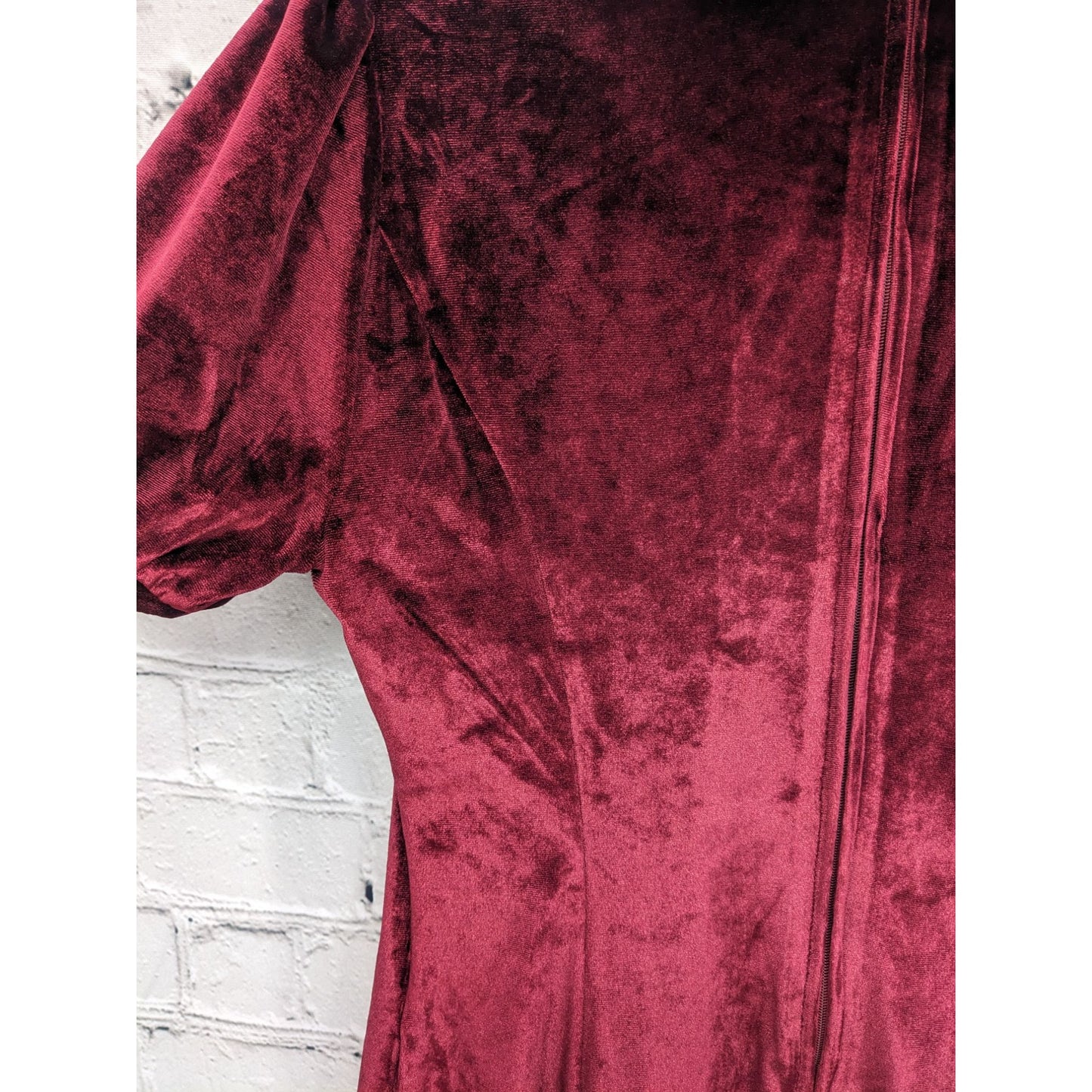 Cosmic Aura Women Burgundy Velvet Short Puff Sleeves Collar Dress Size S