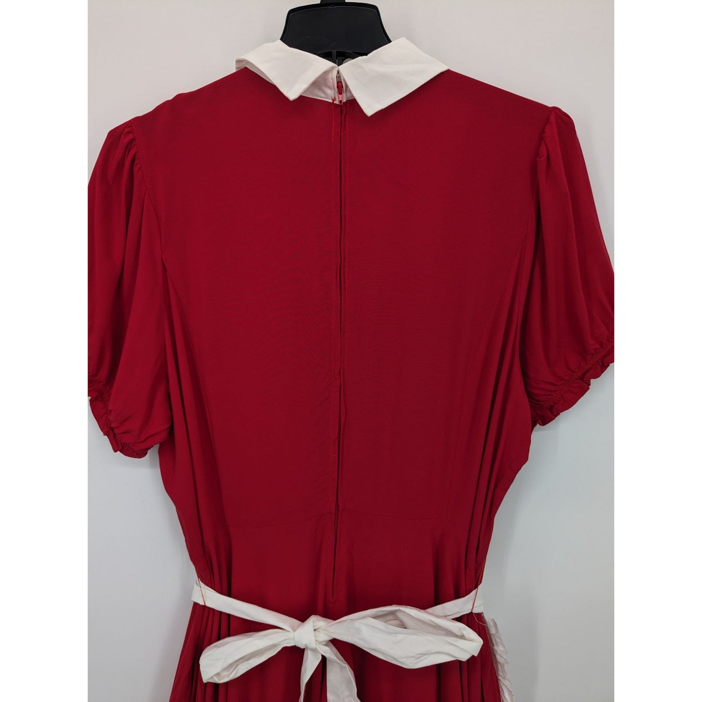 Sweet Society Red Apron Peter Pan Collar Puff Sleeve Ruffle Trim Dress Size L