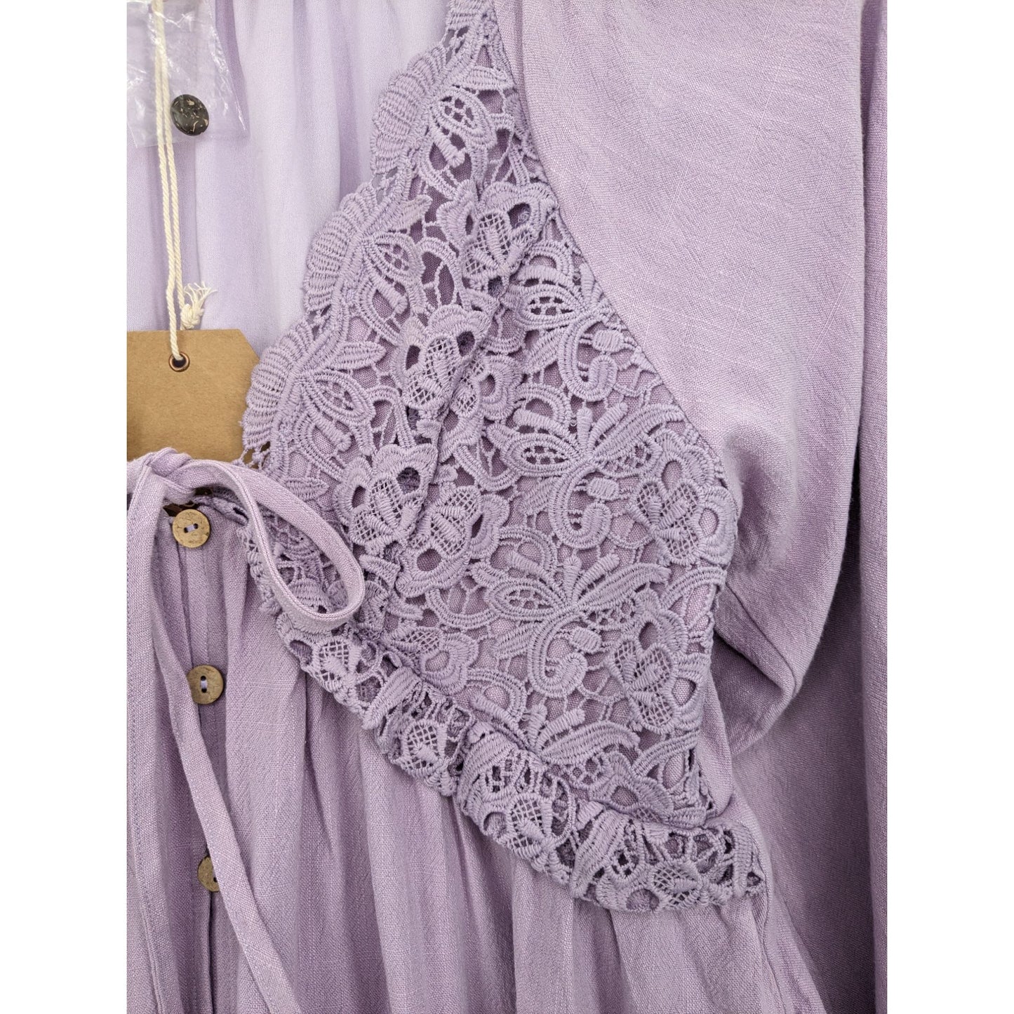 Lavender Babydoll Crochet Puff Sleeve Button-Up Listicle Boho Women Dress Size S