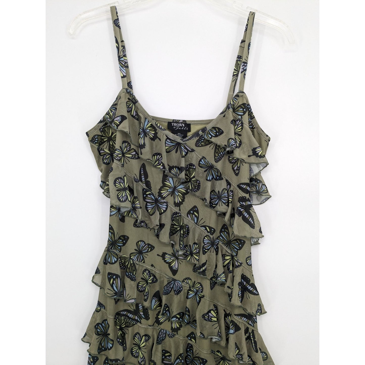 Thorn & Fable Flutter V-Neck Butterfly Ruffle Mesh Olive Cami Mini Dress Size M