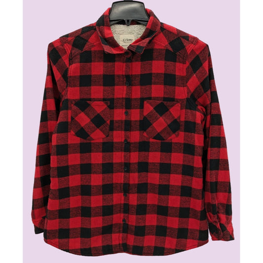 Ci Sono Women Red Flannel Check Sherpa Lined Long Sleeve Button-Up Size XL