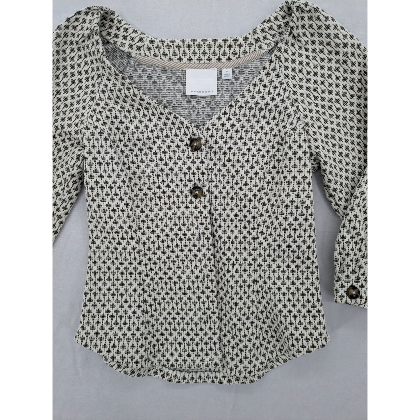 Ett:Twa Metallic Tweed Print 3/4 Puff Sleeve Button-Up V-Neck Women Top Size XS