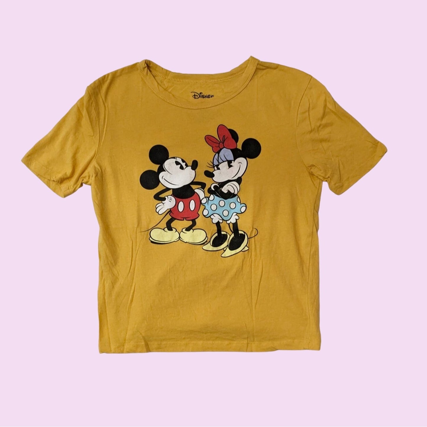 Mickey & Minnie Retro Mustard Crewneck Short Sleeve Crop Women T-Shirt Size S