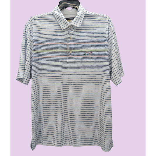 Greg Norman Men's White & Blue Striped Short Sleeve Polo Shirt Size L