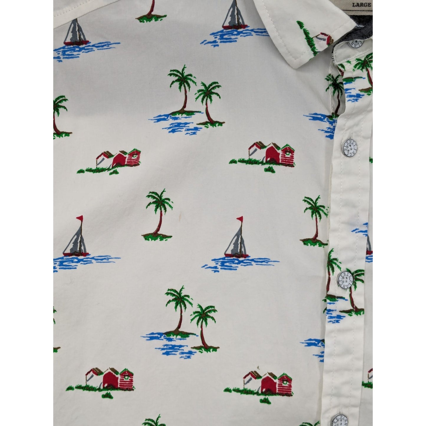 Free Planet Short Sleeve Button-Up Coastal Tropical Men Stretch Shirt Size L