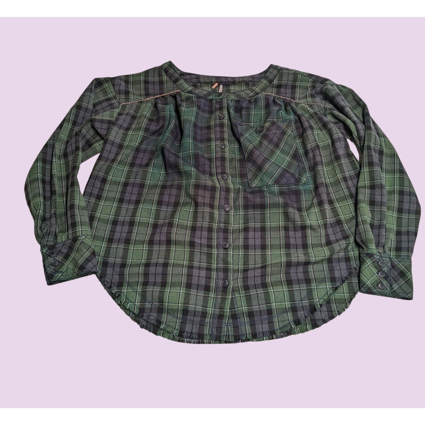 Free People Women Cozy Dream Green Plaid Flannel Button-Up Boho Shirt Size S