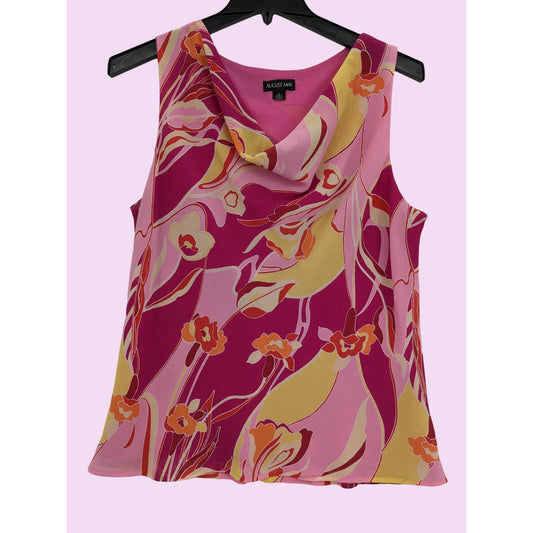 August Max Pink Floral Swirl Draped Neckline Sleeveless Chiffon Women Top Size 4