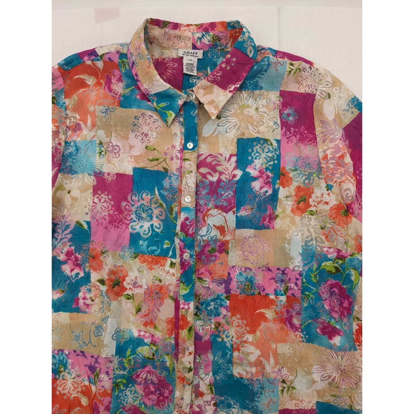 Vintage Graff Floral Patchwork Sheer Shirt 3/4 Sleeve Button-Up Women Size 2X